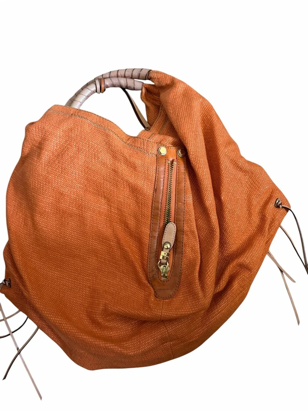 Yany Orange Leather & Textured Hobo Bag with Wrapped Handle
